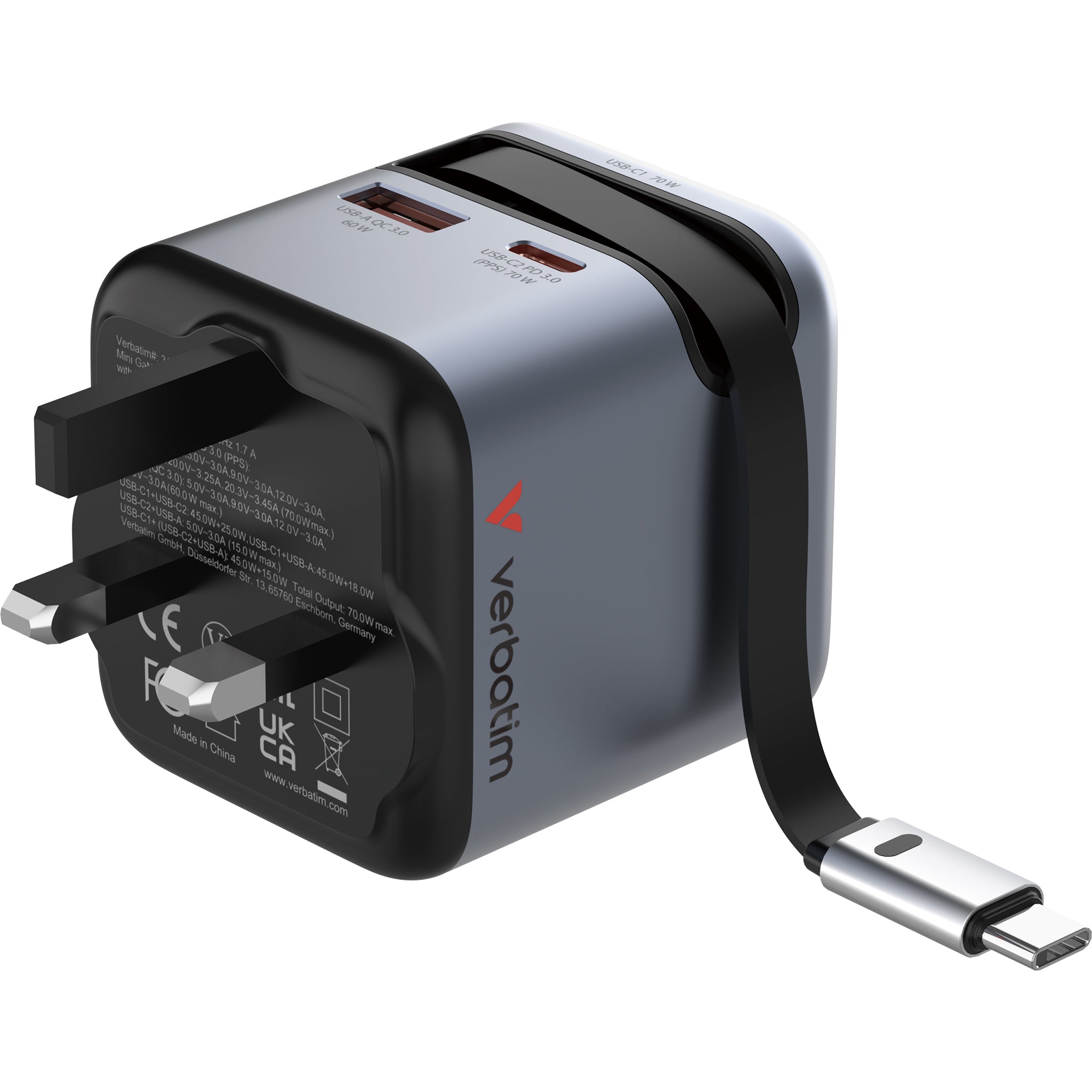 Verbatim 70W Mini GaN 顯示屏伸縮線充電器 英規插頭 黑色 (31866) - 01-hero_31866