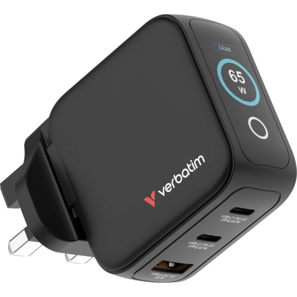 Verbatim 3-Port 65W Mini GaN 顯示屏充電器 英規插頭 黑色 (30246) - 01-product_30246