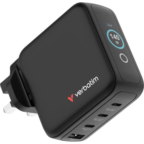 Verbatim 4-Port 140W Mini GaN 顯示屏充電器 英規插頭 黑色 (30248) - 01-product_30248