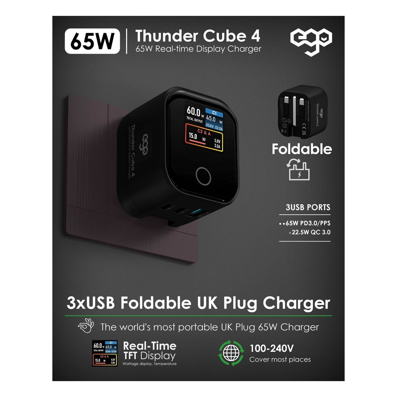 EGO ThunderCube 4 65W GaN TFT 即時顯示三接口摺疊充電器 黑色 (B12601-BLACK) - 01_info_b12601
