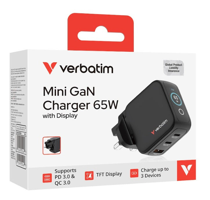 Verbatim 3-Port 65W Mini GaN 顯示屏充電器 英規插頭 黑色 (30246) - 02-product_30246-1