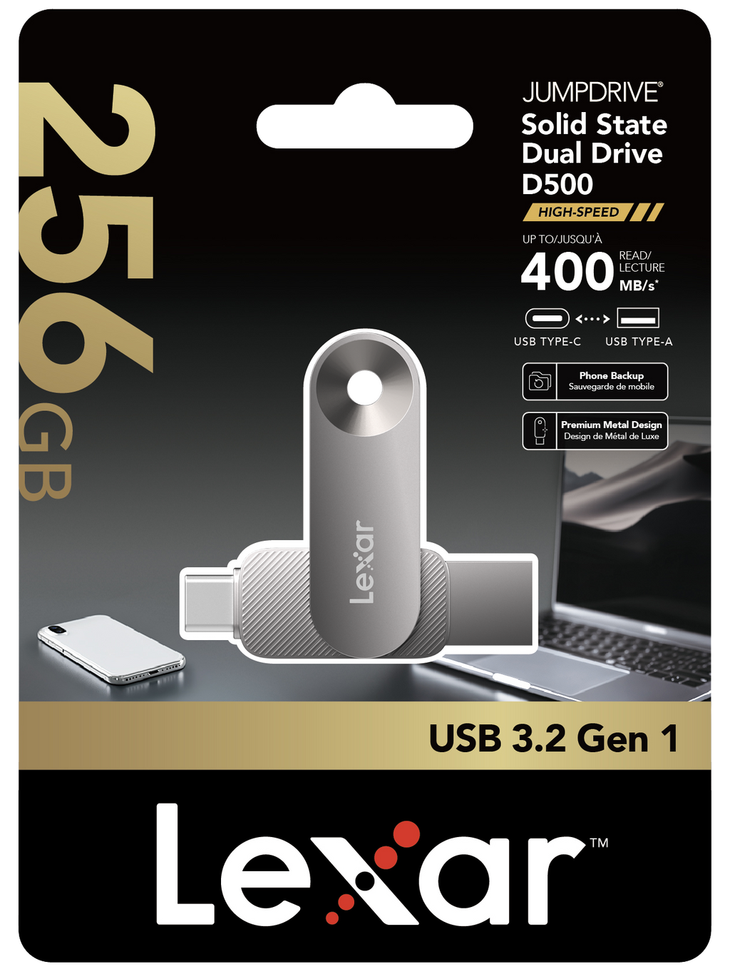 Lexar JumpDrive D500 256GB USB 3.2 Gen 1 USB-C / USB-A 雙接口隨身碟 (LJDD500256G-BNQNG) - 02-product_D500-256GB-PG-GL1