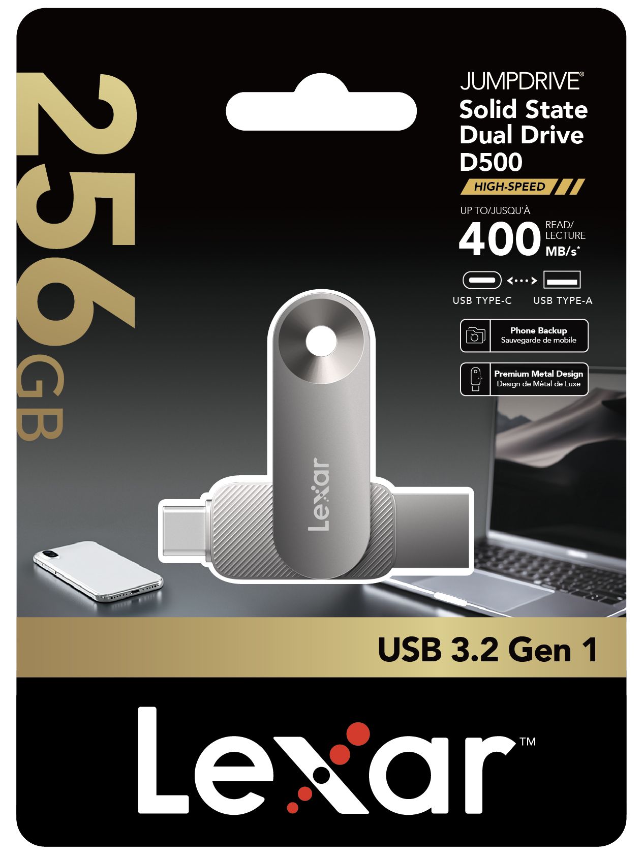 Lexar JumpDrive D500 256GB USB 3.2 Gen 1 USB-C / USB-A 雙接口隨身碟 (LJDD500256G-BNQNG) - 02-product_D500-256GB-PG-GL1