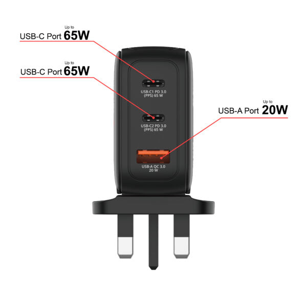 Verbatim 3-Port 65W Mini GaN 顯示屏充電器 英規插頭 黑色 (30246) - 03-product_30246-2