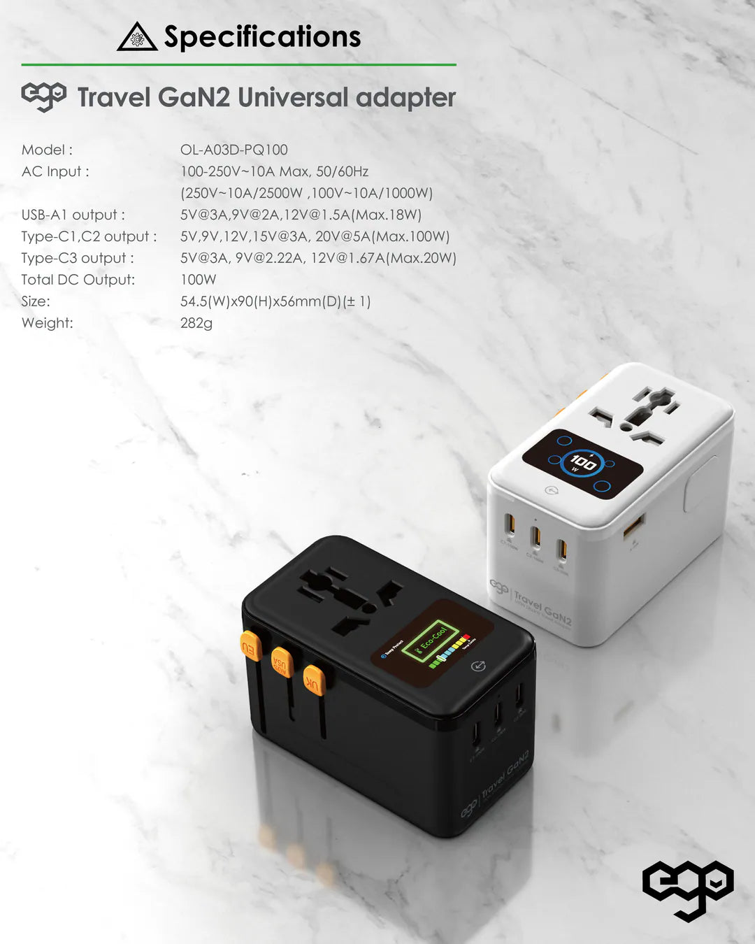 EGO 100W GaN2 四埠 USB 旅行轉換插頭 白色 (OL-A03D-PQ100-WHITE) - 05-info_4