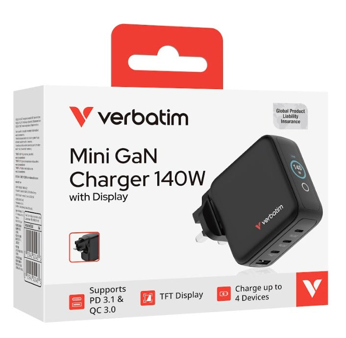 Verbatim 4-Port 140W Mini GaN 顯示屏充電器 英規插頭 黑色 (30248) - 06-product_30248-5