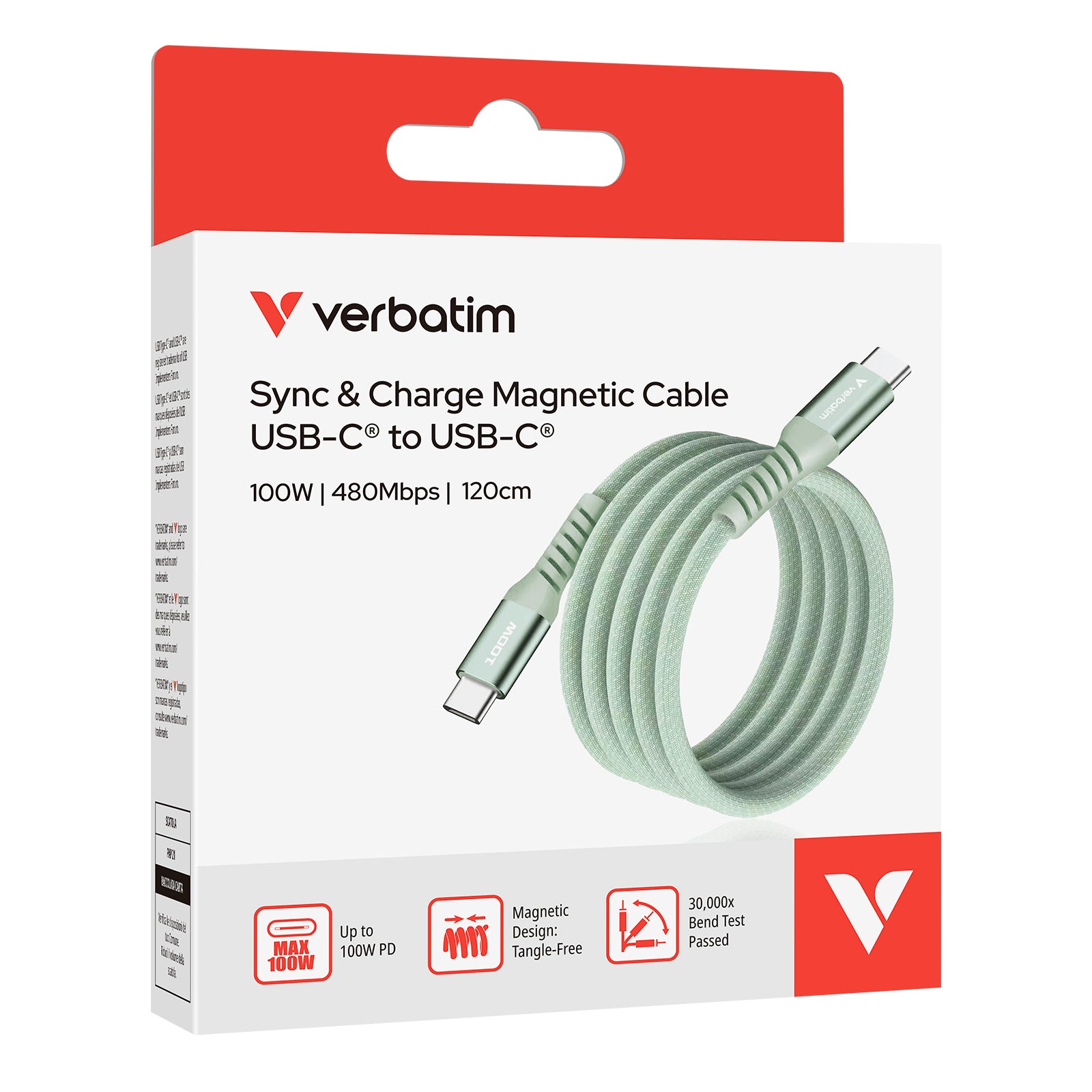 Verbatim USB-C to USB-C 100W 磁吸充電線 120cm 綠色 (31855)