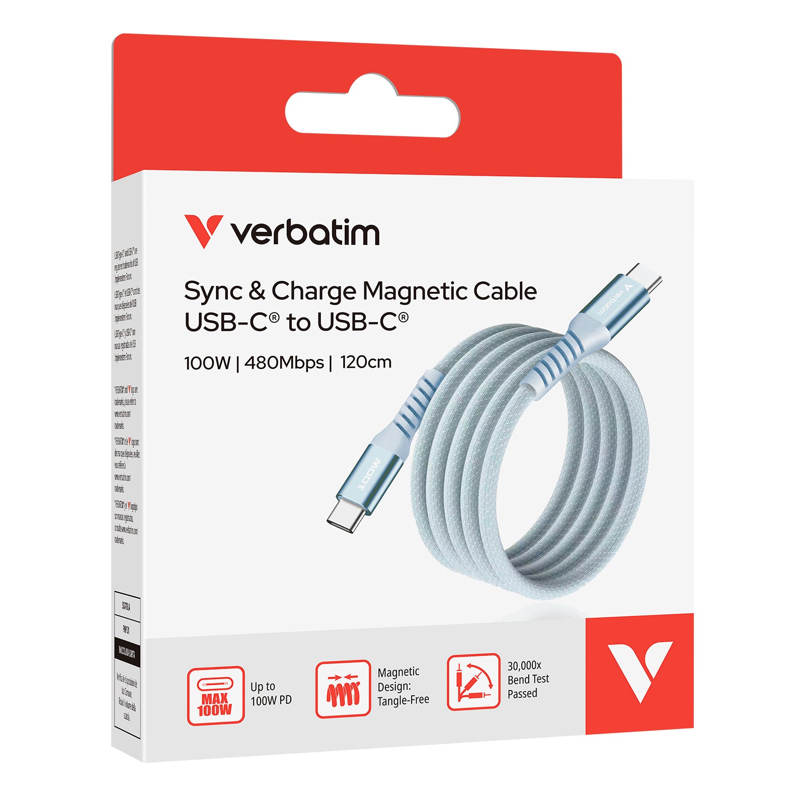 Verbatim USB-C to USB-C 100W 磁吸充電線 120cm 藍色 (31856)