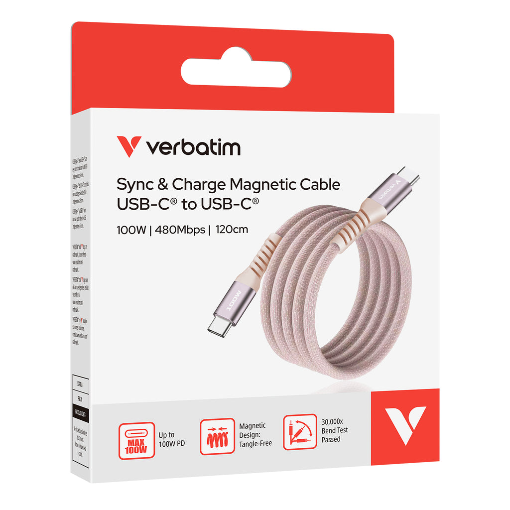 Verbatim USB-C to USB-C 100W 磁吸充電線 120cm 粉紅色 (31857)