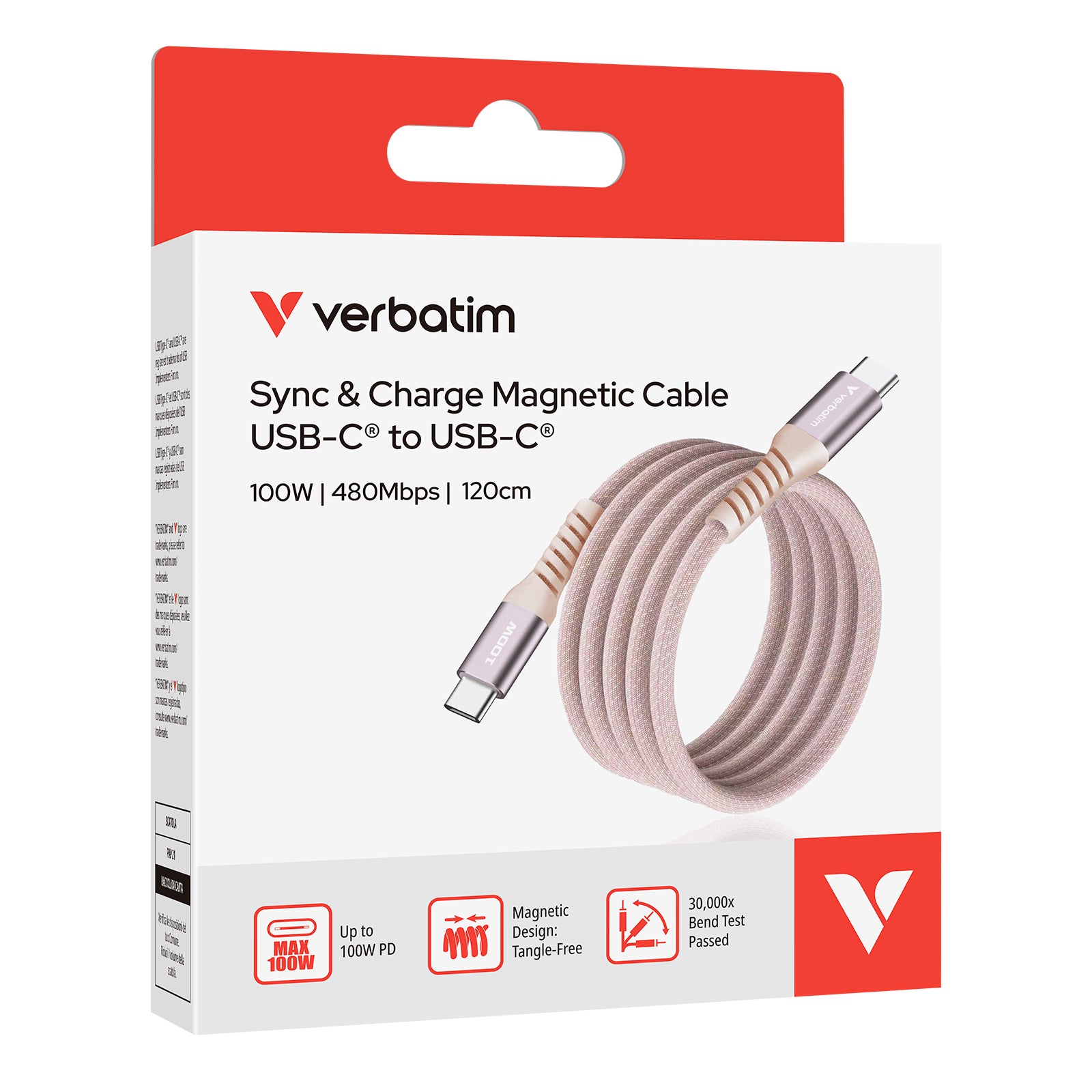 Verbatim USB-C to USB-C 100W 磁吸充電線 120cm 粉紅色 (31857)