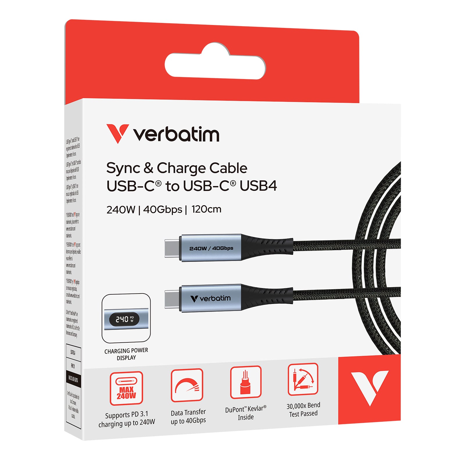 Verbatim USB-C to USB-C 240W USB4 LED 顯示充電線 120cm (31849)