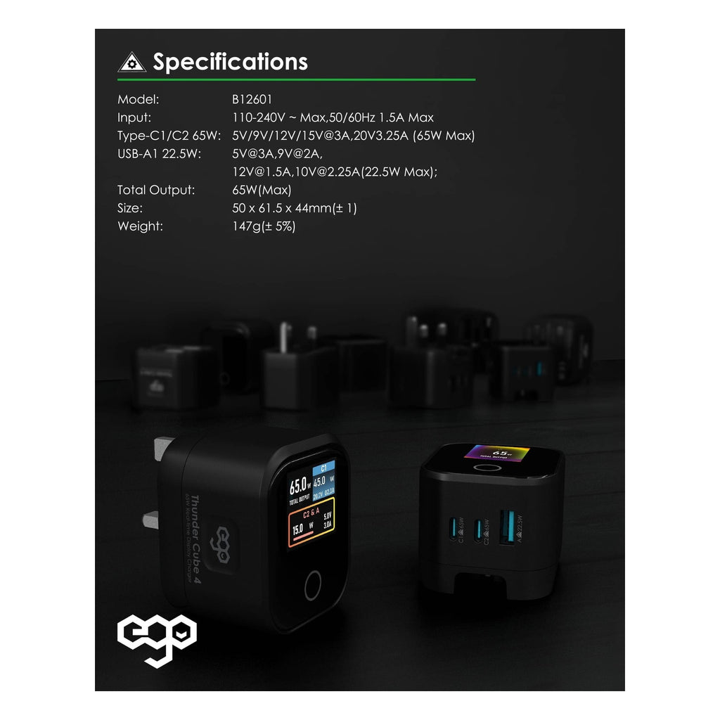 EGO ThunderCube 4 65W GaN TFT 即時顯示三接口摺疊充電器 黑色 (B12601-BLACK) - 14_info_b12601