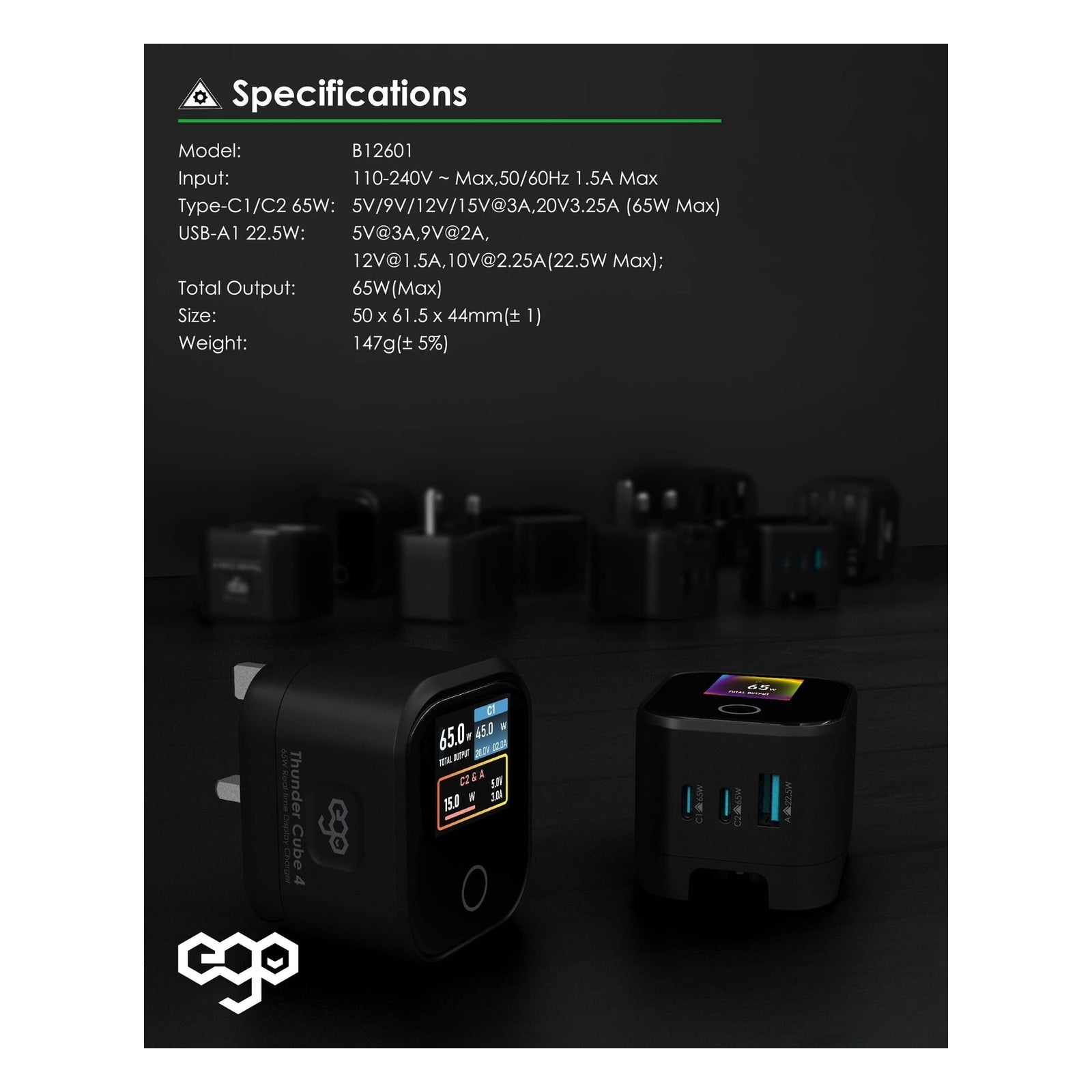 EGO ThunderCube 4 65W GaN TFT 即時顯示三接口摺疊充電器 黑色 (B12601-BLACK) - 14_info_b12601