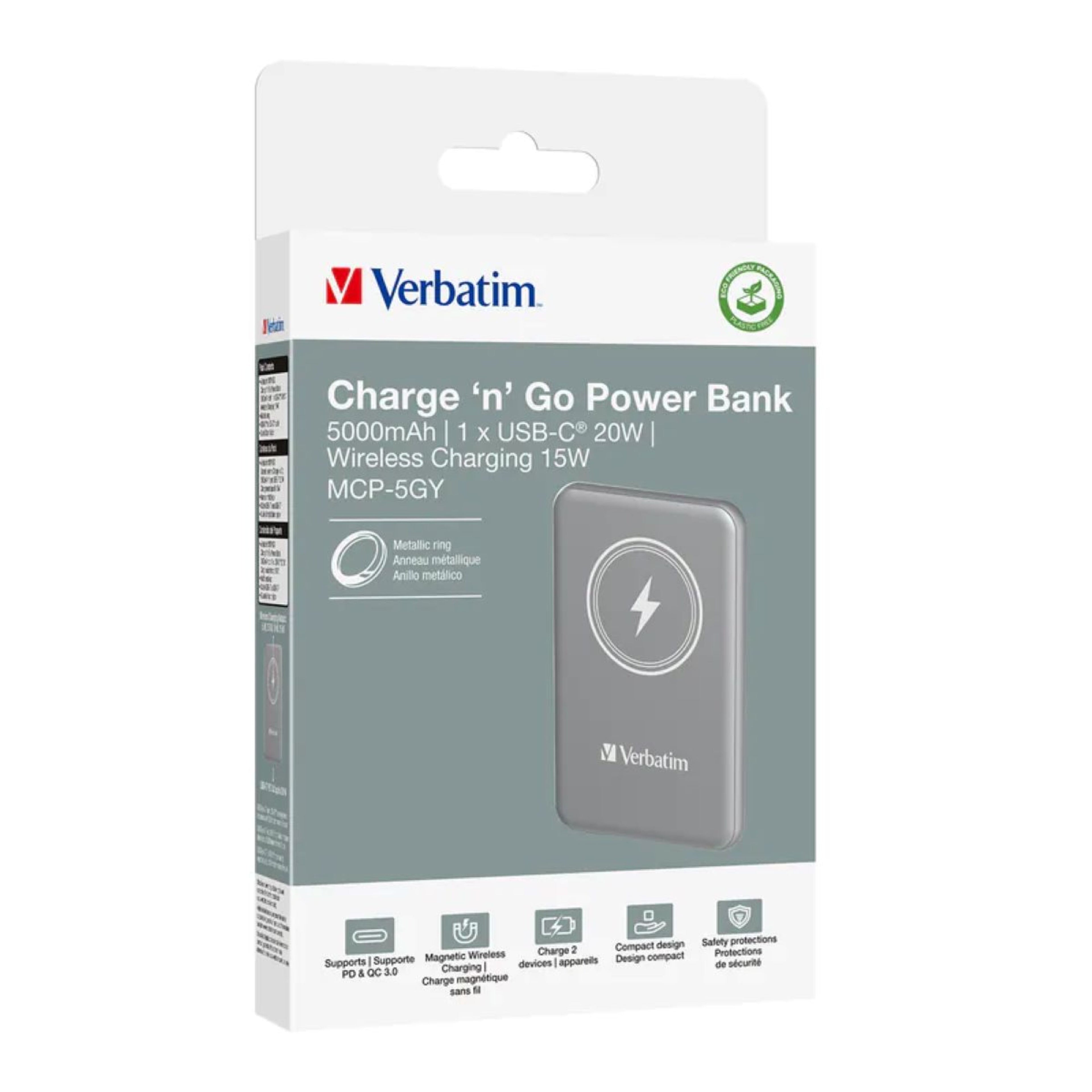 Verbatim 磁吸無線充電行動電源 5000mAh 灰色 (32244)