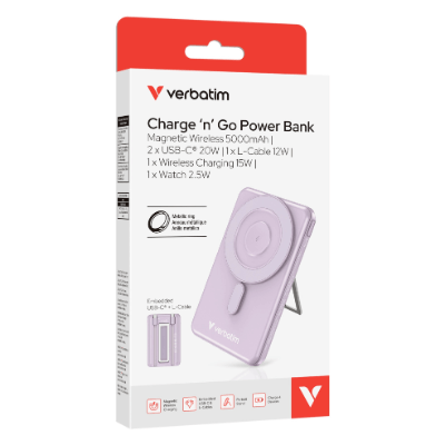 Verbatim Charge n Go Magnetic Wireless 行動電源 5000mAh 5-in-1 Stand 紫色 (32220)