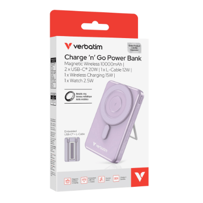 Verbatim Charge n Go Magnetic Wireless 行動電源 10000mAh 5-in-1 Stand 紫色 (32222)
