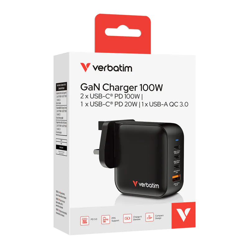 Verbatim 4-port 100W Mini GAN 充電器 Uk Plug 黑色 (32058)
