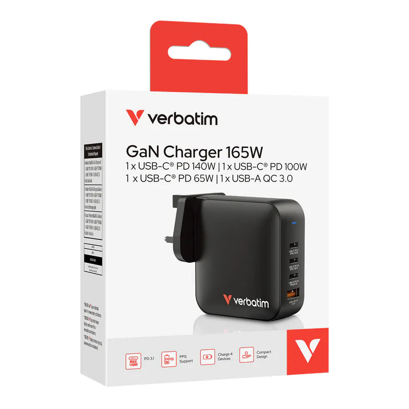 Verbatim 4-port 165W Mini GAN 充電器 Uk Plug 黑色 (32057)