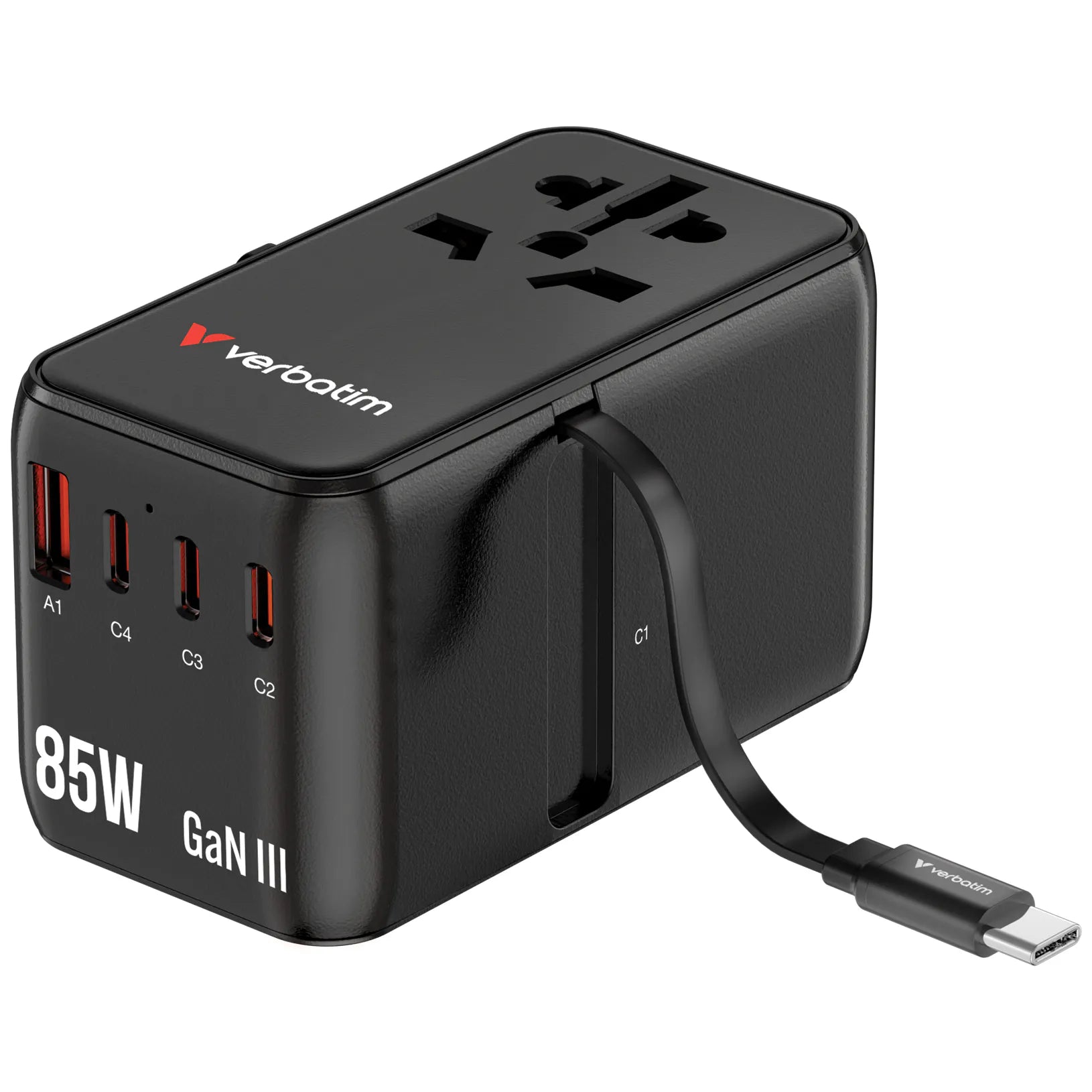Verbatim 4 Port Charge & Travel Diamond 85W Retractable GAN Travel Adaptor 黑色 (30176)