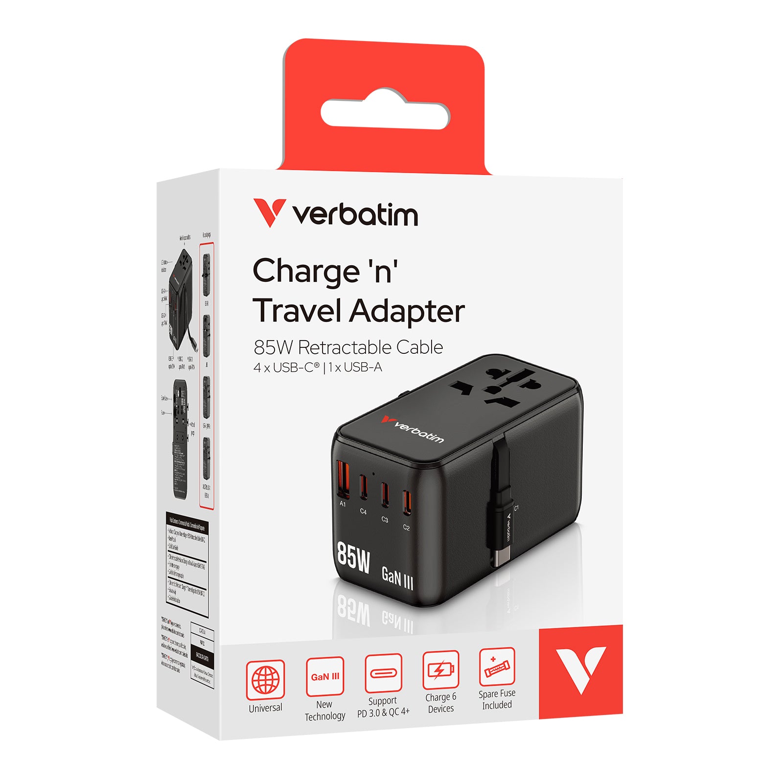 Verbatim 4 Port Charge & Travel Diamond 85W Retractable GAN Travel Adaptor 黑色 (30176)