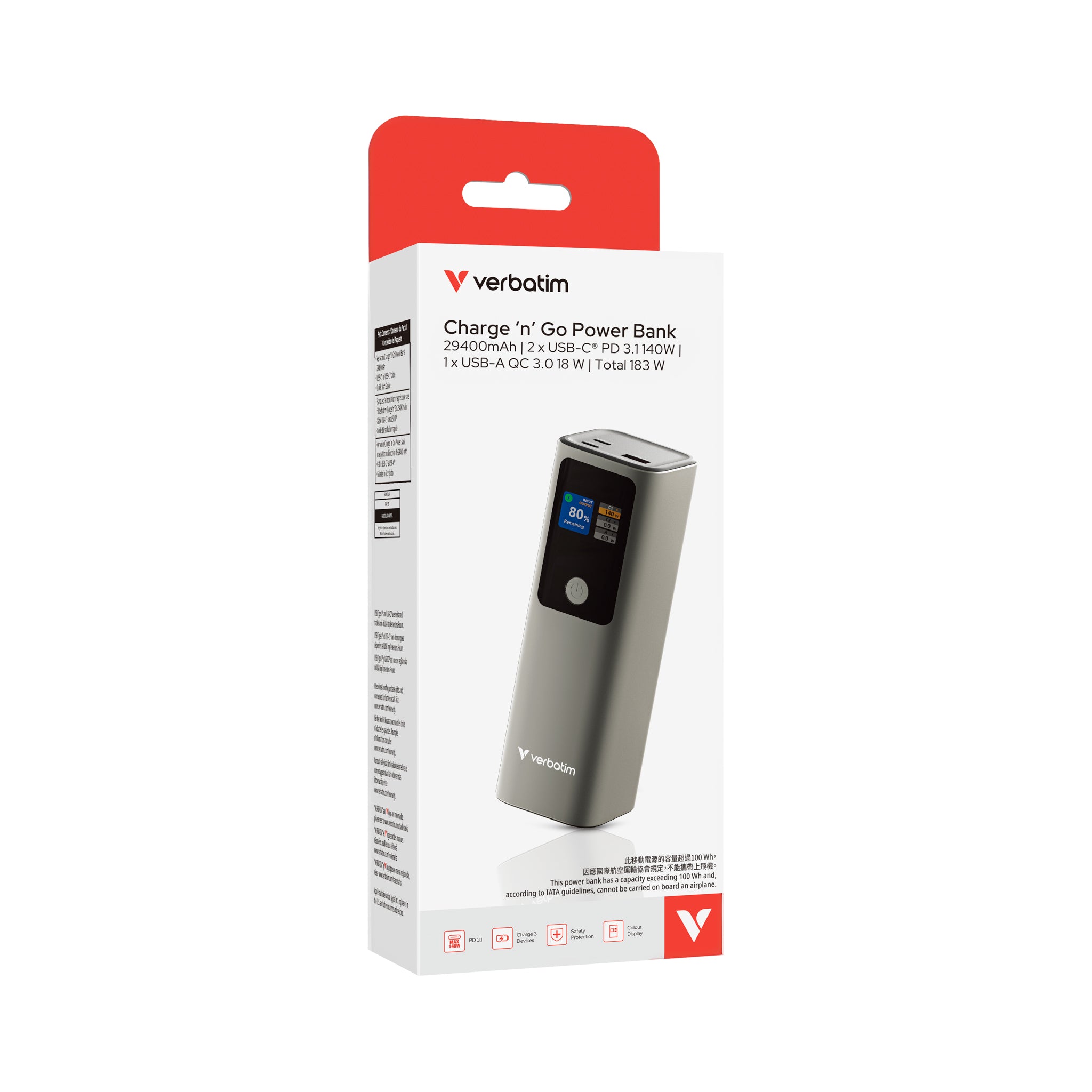 Verbatim Charge n Go 行動電源 29400mAh 183W 灰色 (67052)
