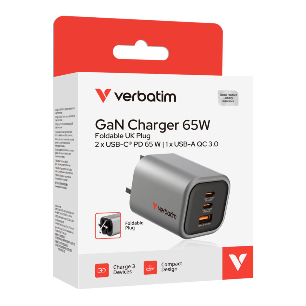 Verbatim 65W 摺疊 Uk Plug GAN 充電器 灰色 (32351)