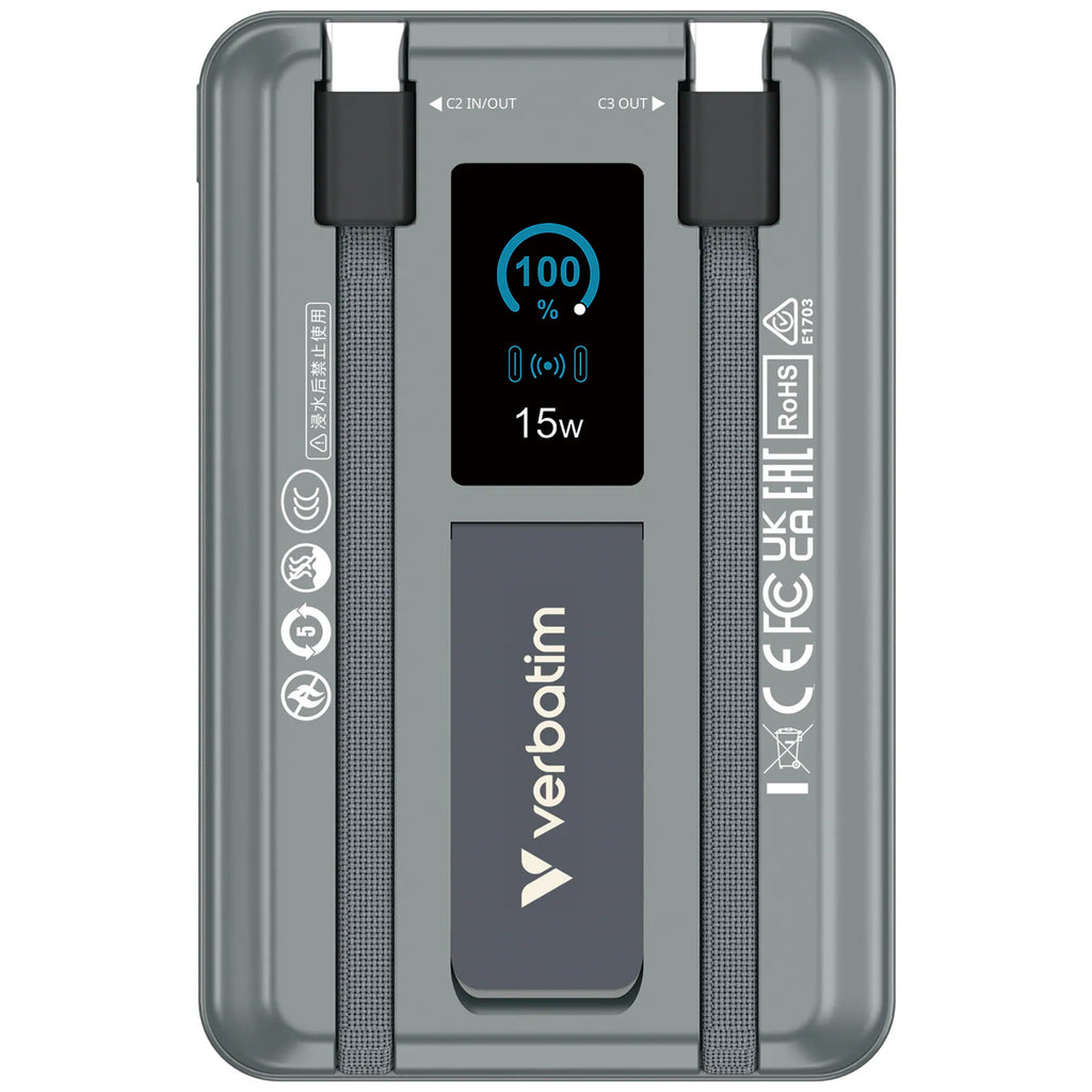 Verbatim Charge n Go 磁吸無線行動電源 10000mAh 5-in-1 Stand Dual USB-C 灰色 (32272)