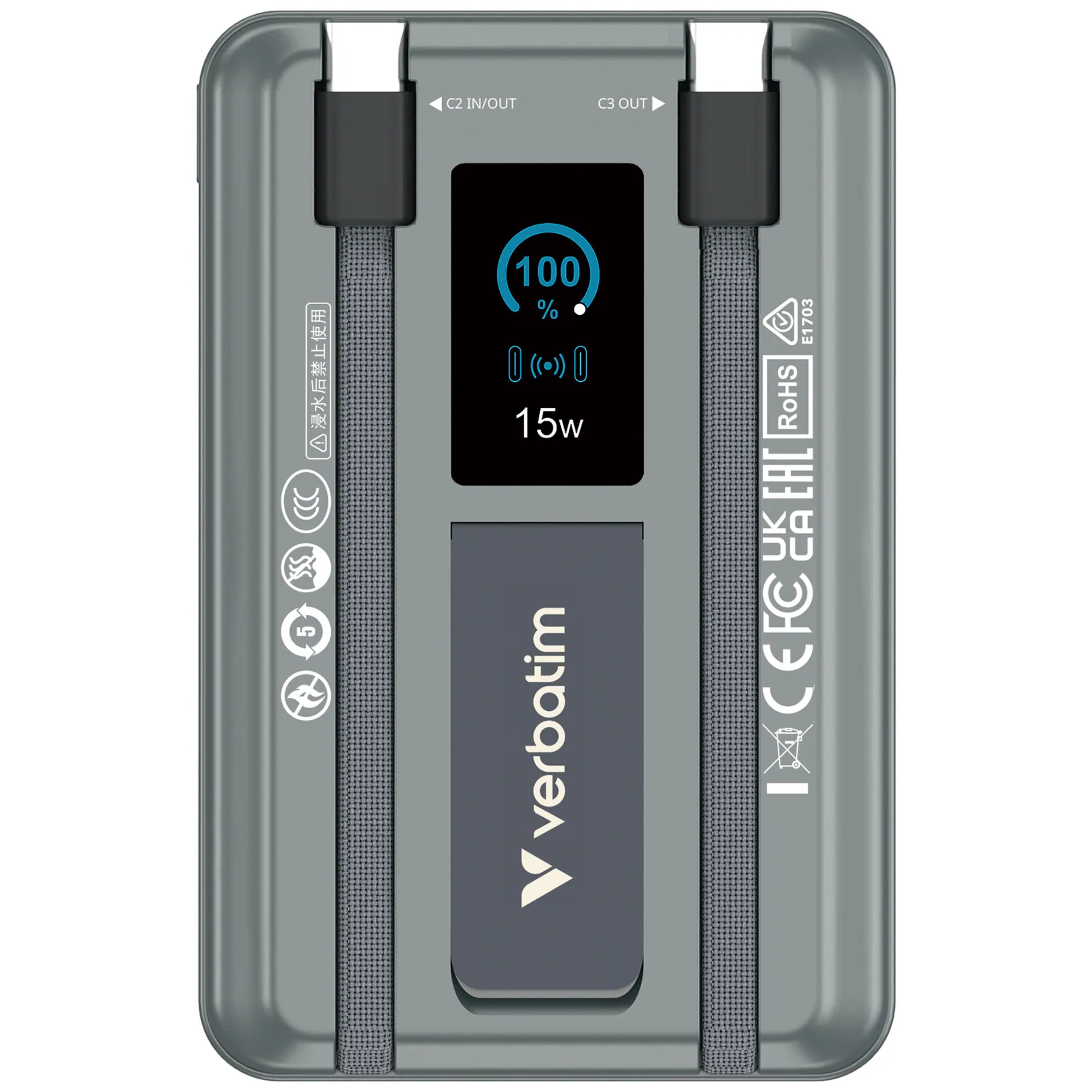 Verbatim Charge n Go 磁吸無線行動電源 10000mAh 5-in-1 Stand Dual USB-C 灰色 (32272)