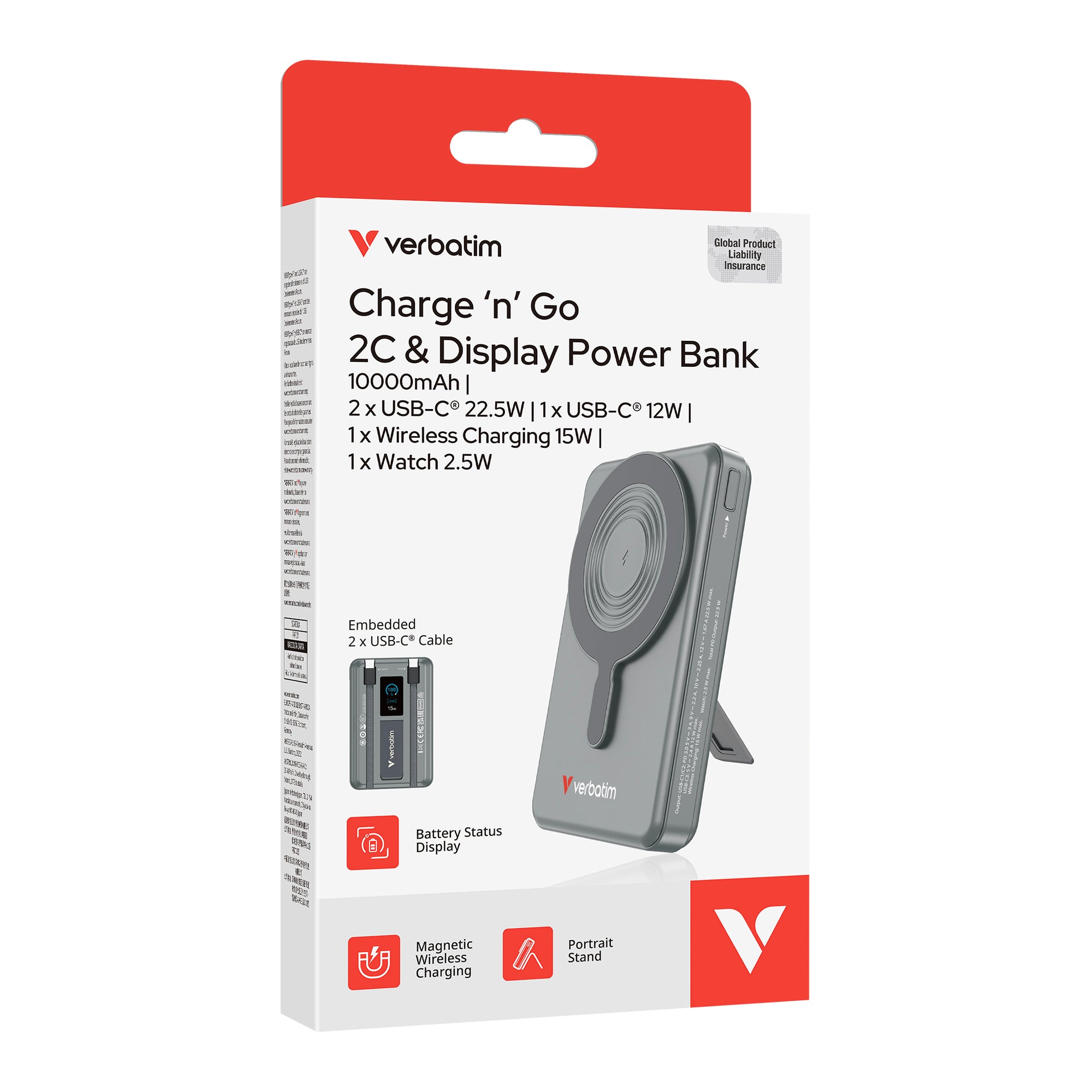 Verbatim Charge n Go 磁吸無線行動電源 10000mAh 5-in-1 Stand Dual USB-C 灰色 (32272)