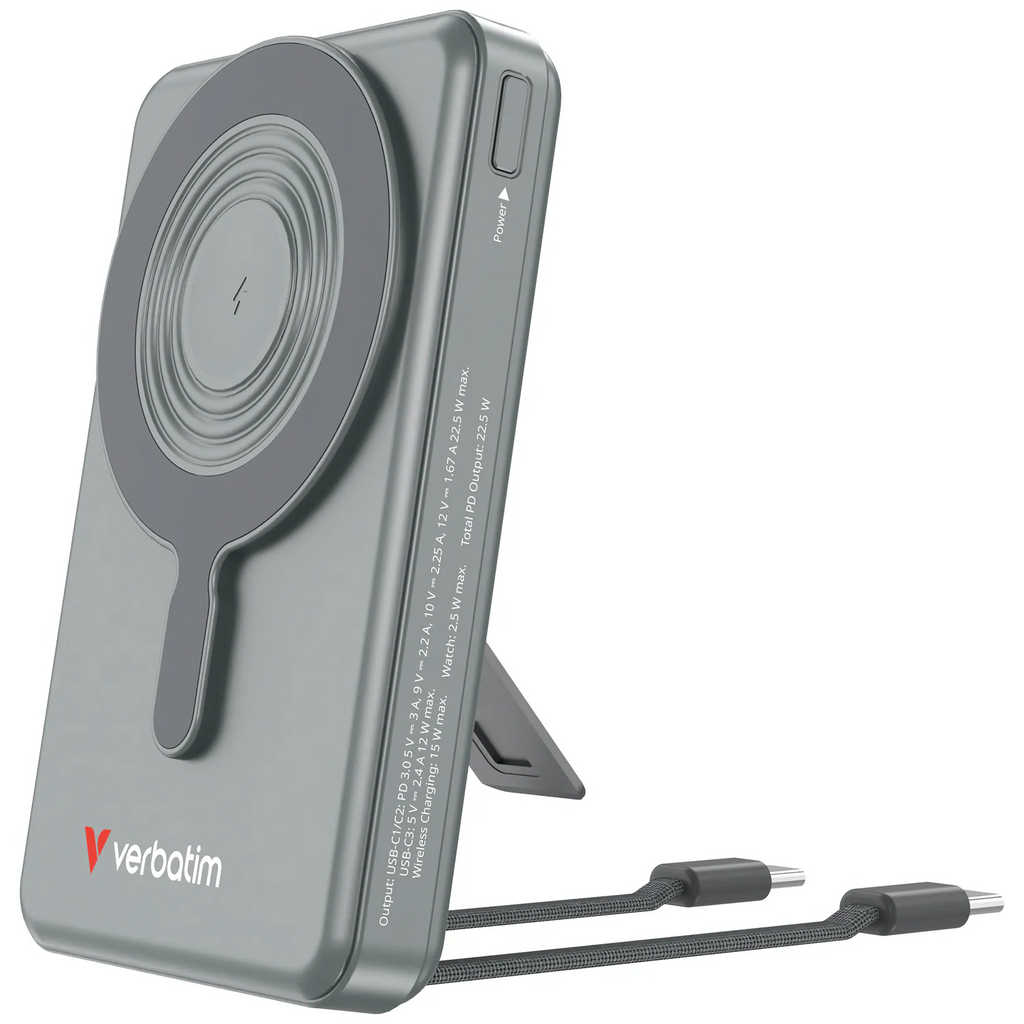 Verbatim Charge n Go 磁吸無線行動電源 10000mAh 5-in-1 Stand Dual USB-C 灰色 (32272)