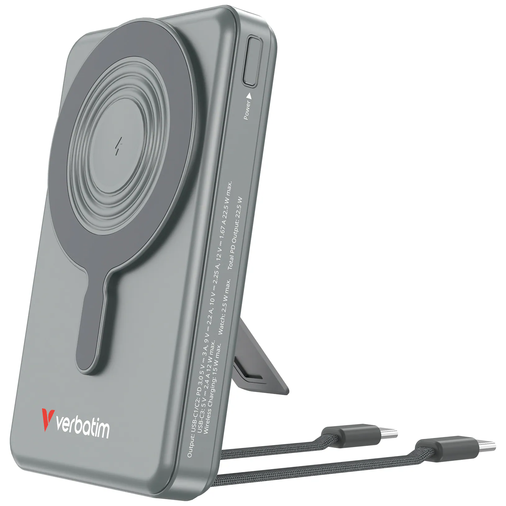 Verbatim Charge n Go 磁吸無線行動電源 10000mAh 5-in-1 Stand Dual USB-C 灰色 (32272)