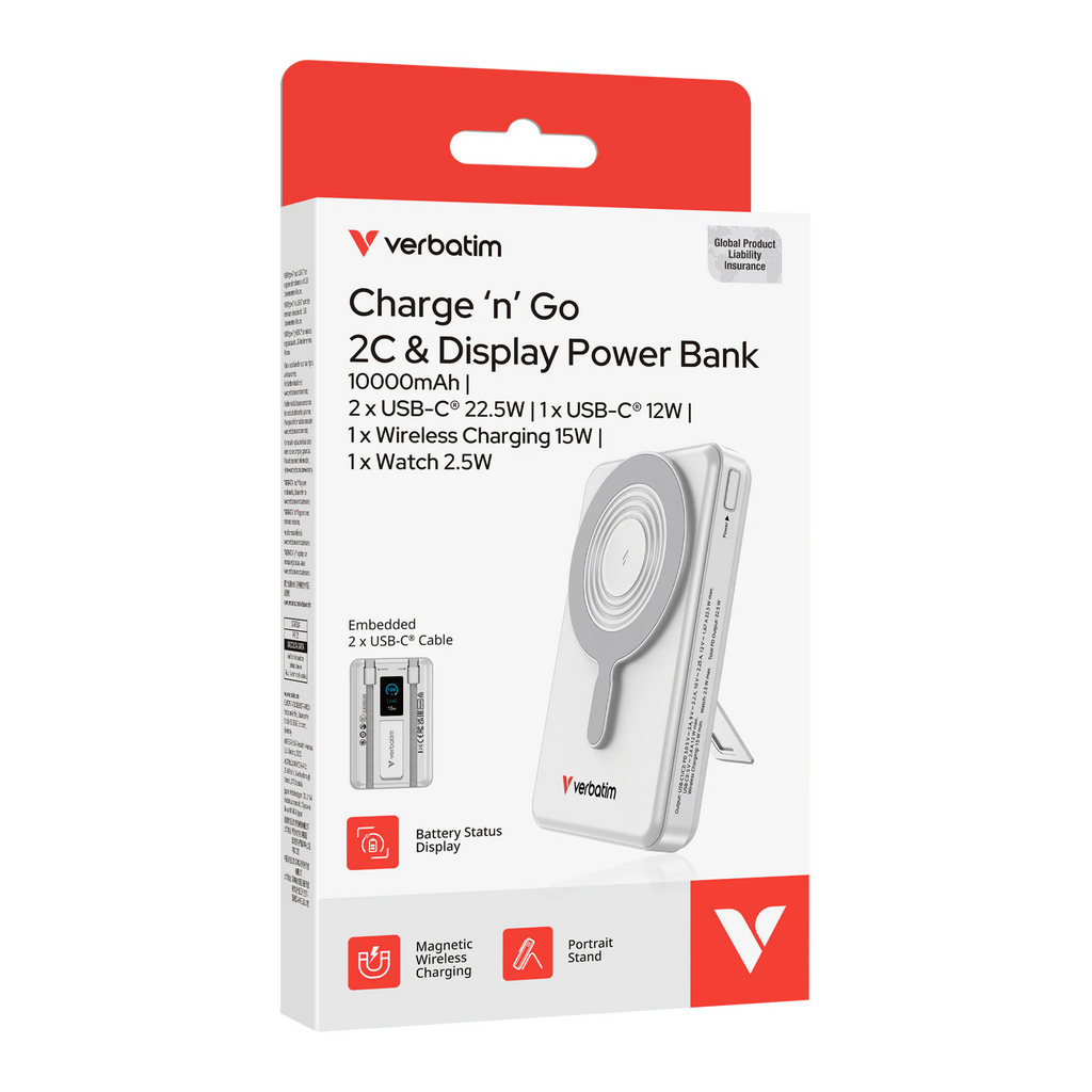 Verbatim Charge n Go 磁吸無線行動電源 10000mAh 5-in-1 Stand Dual USB-C 白色 (32273)