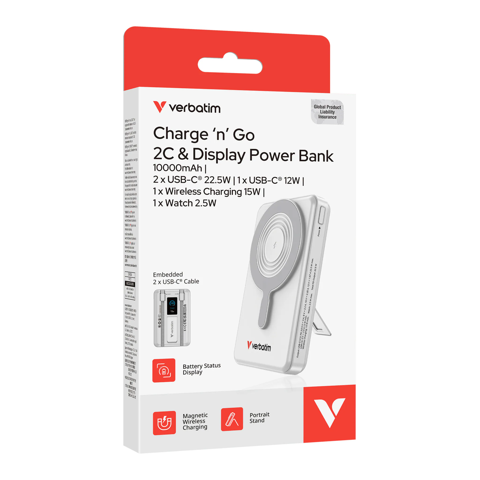 Verbatim Charge n Go 磁吸無線行動電源 10000mAh 5-in-1 Stand Dual USB-C 白色 (32273)