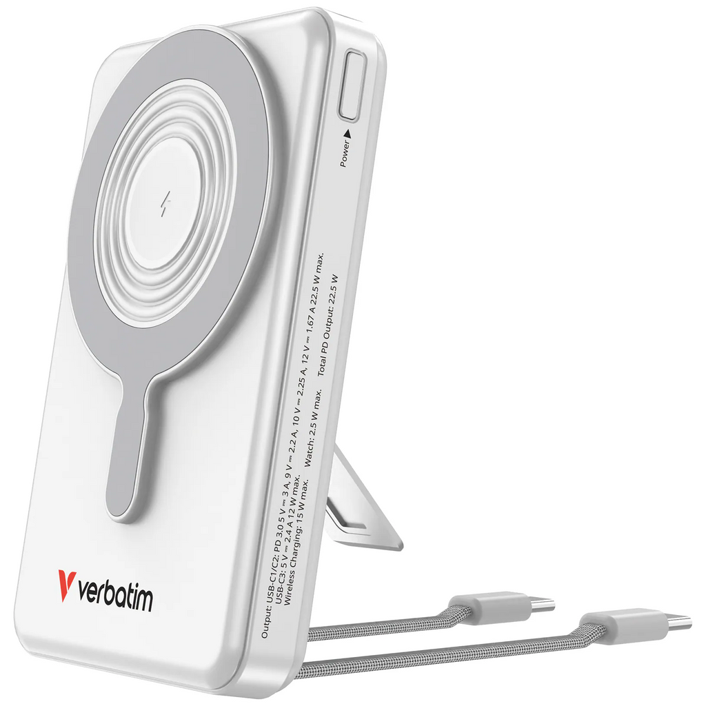 Verbatim Charge n Go 磁吸無線行動電源 10000mAh 5-in-1 Stand Dual USB-C 白色 (32273)