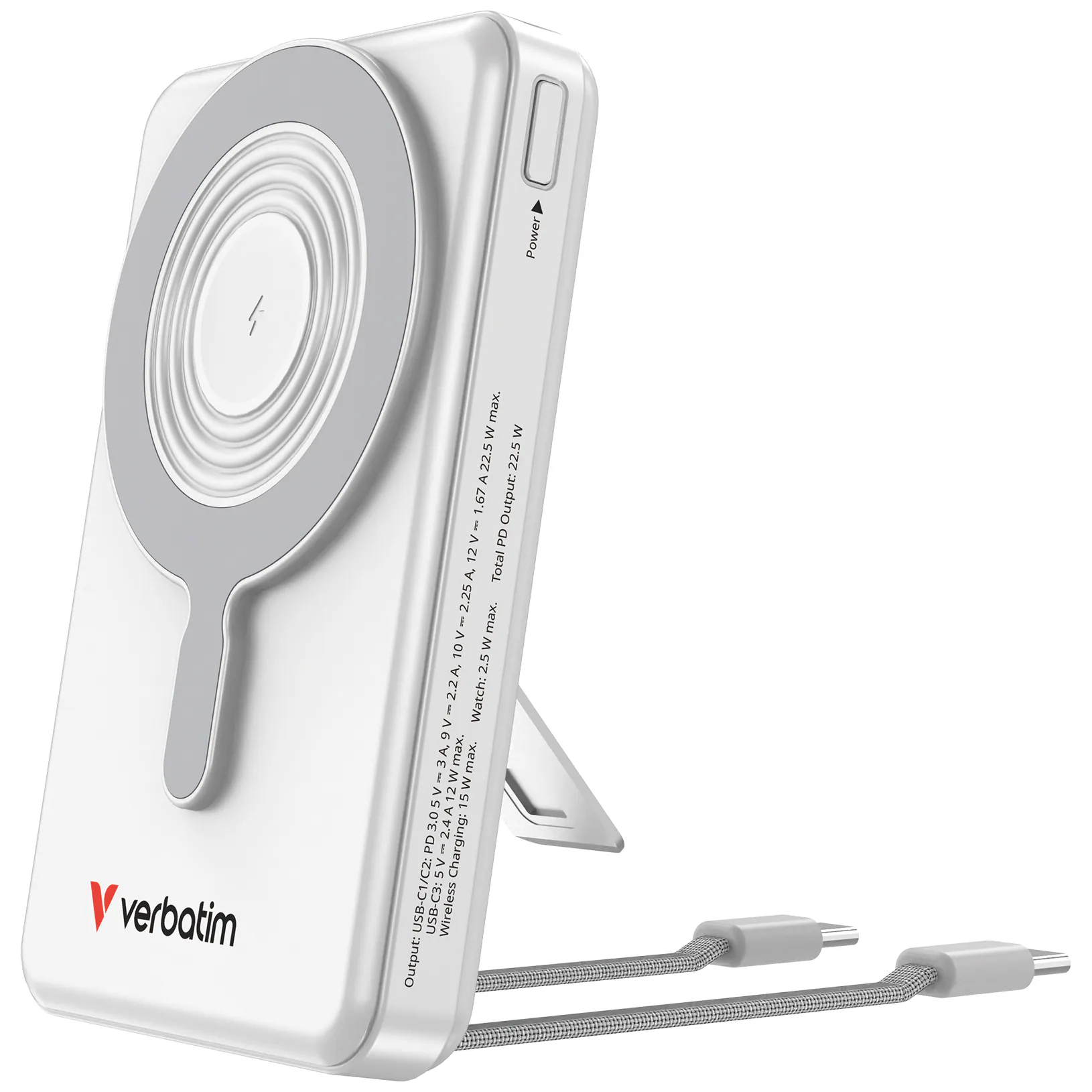 Verbatim Charge n Go 磁吸無線行動電源 10000mAh 5-in-1 Stand Dual USB-C 白色 (32273)