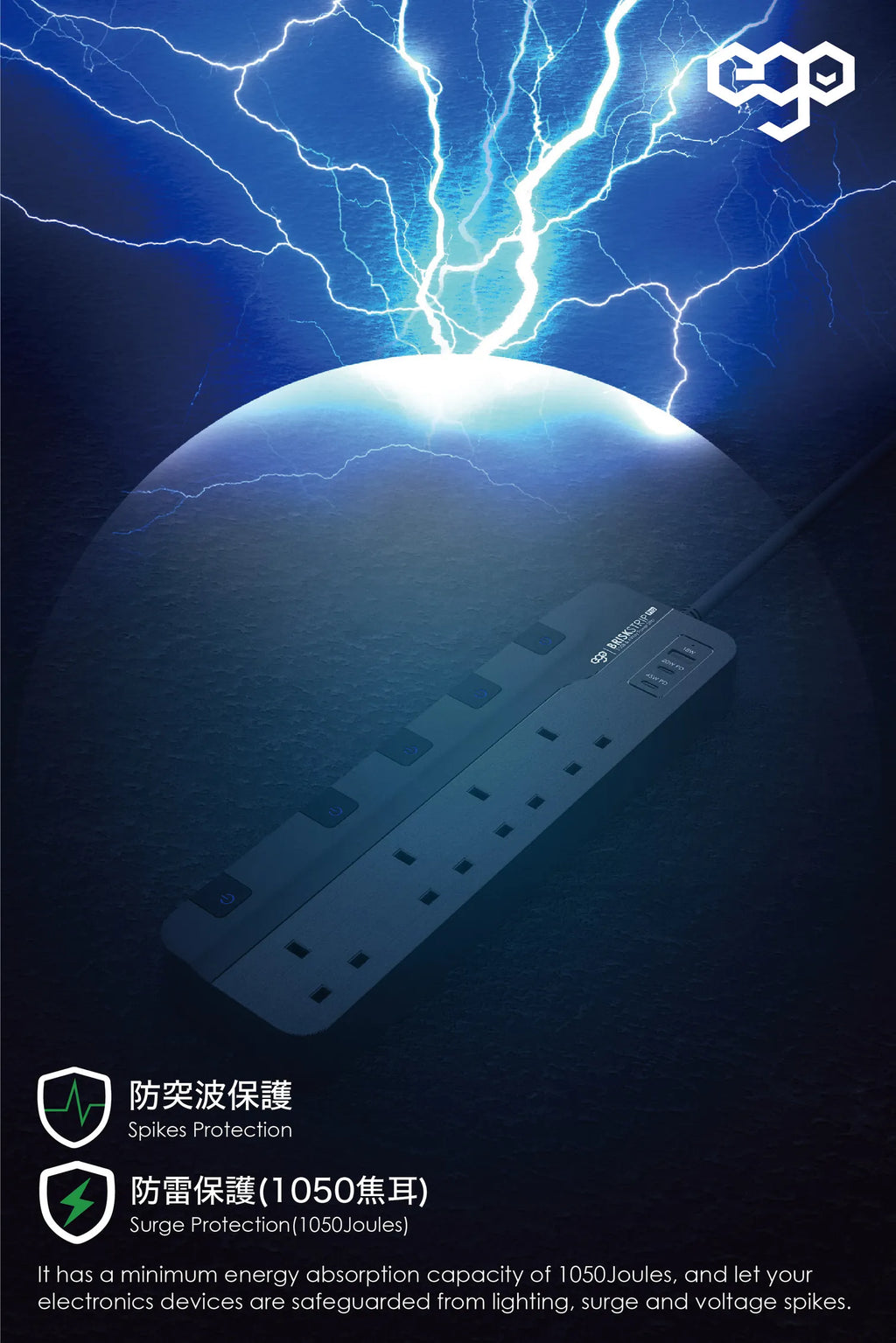 EGO Brisk Strip Pro 3USB & 4 Power Strip 黑色 (TP-FR3U4K-C3)