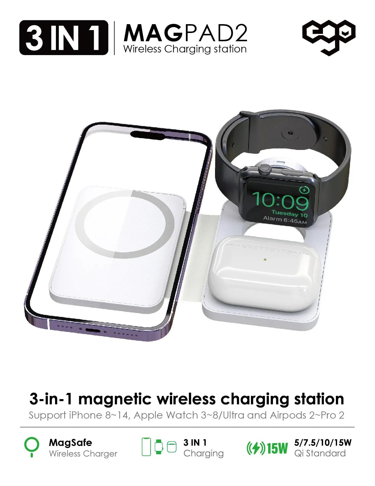 EGO 3-in-1 MagPad2 MagSafe Charger - White (M1088Q-WHITE)