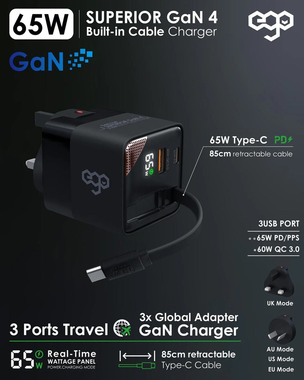 EGO 65W Superior 3 Ports Travel GaN Charger Black (CH042-PQ)