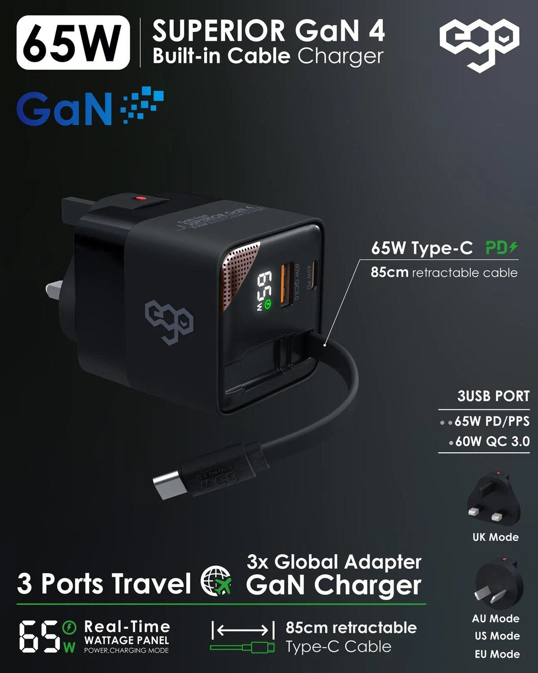 EGO 65W Superior 3 Ports Travel GaN Charger Black (CH042-PQ)