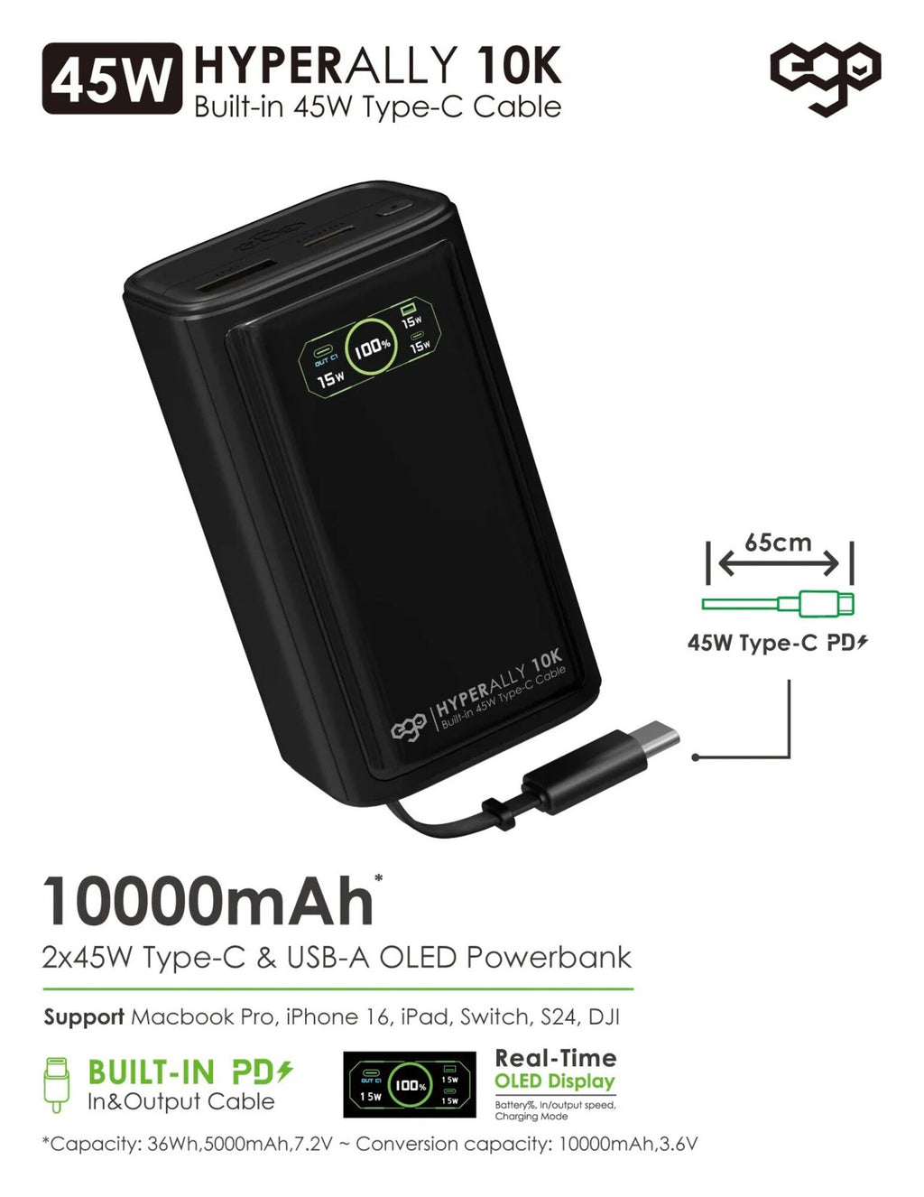 EGO Hyper Ally 10K 45W Built-in Cable 行動電源 灰色 (HA10-GREY)