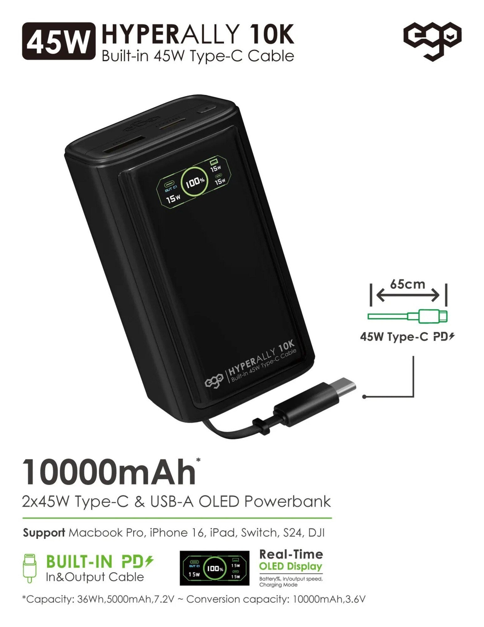 EGO Hyper Ally 10K 45W Built-in Cable 行動電源 灰色 (HA10-GREY)