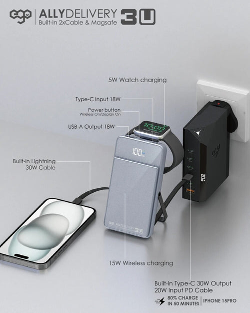 EGO Ally Delivery 3U Built-in 2 Type-C Cable MagSafe 10000mAh 6-in-1 Power Bank Purple (AD3U-2C-PURPLE)