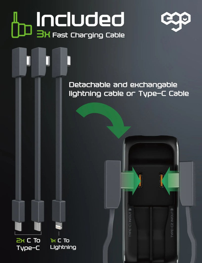 EGO Hyperally 20K 20000mAh 65W Built-in Cable 行動電源 銀色 (LX20-SILVER)