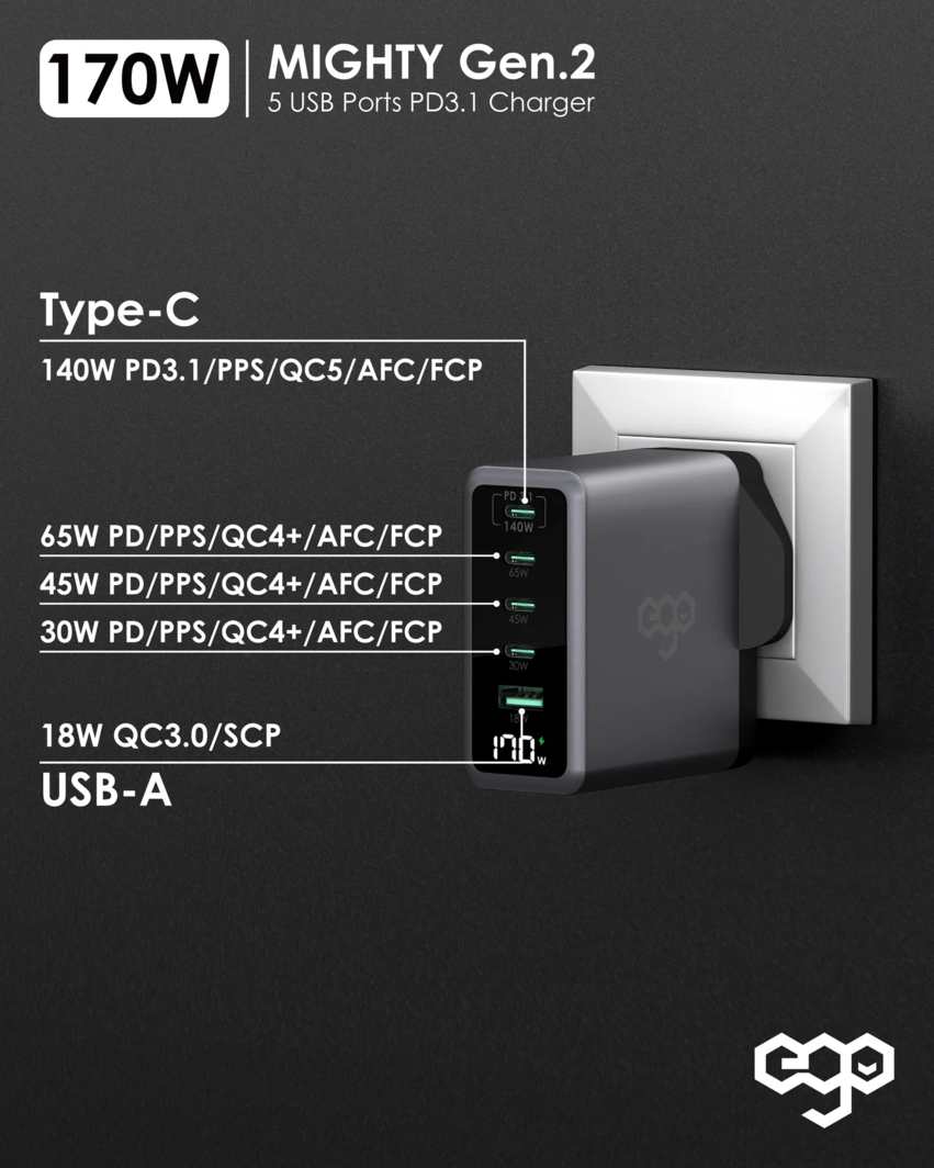 EGO 170W Mighty Gen.2 5 USB PD 3.1 Charger Black (MT-170W)