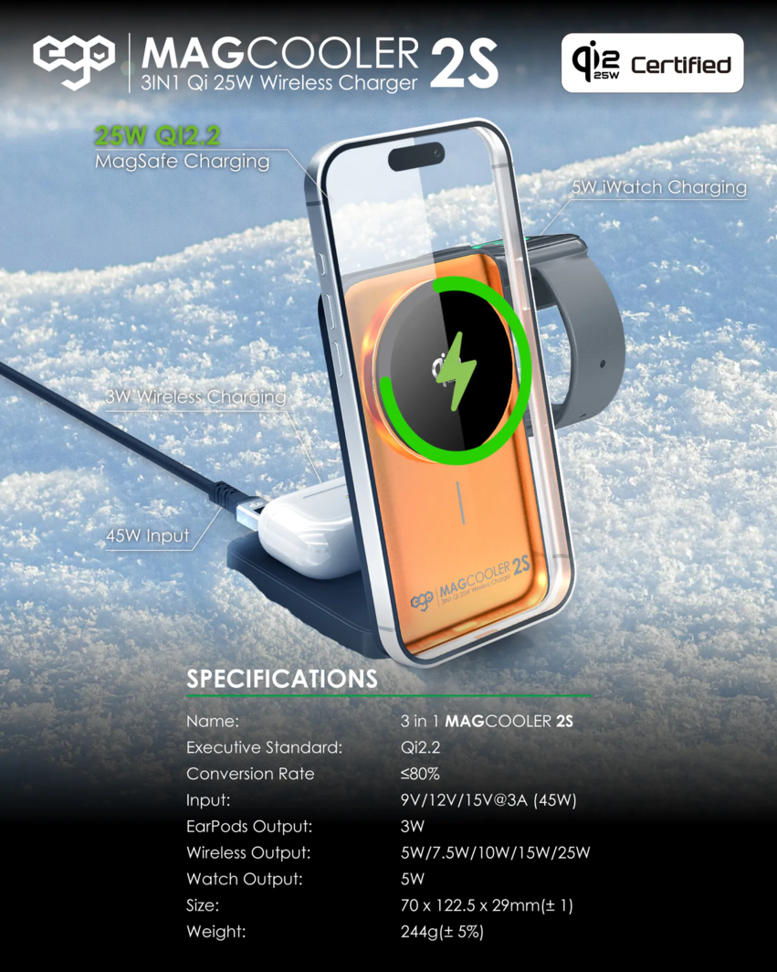 EGO MagCooler 2s 3IN1 Semiconductor Cooling Wireless Charger Orange (HT-569-ORANGE)