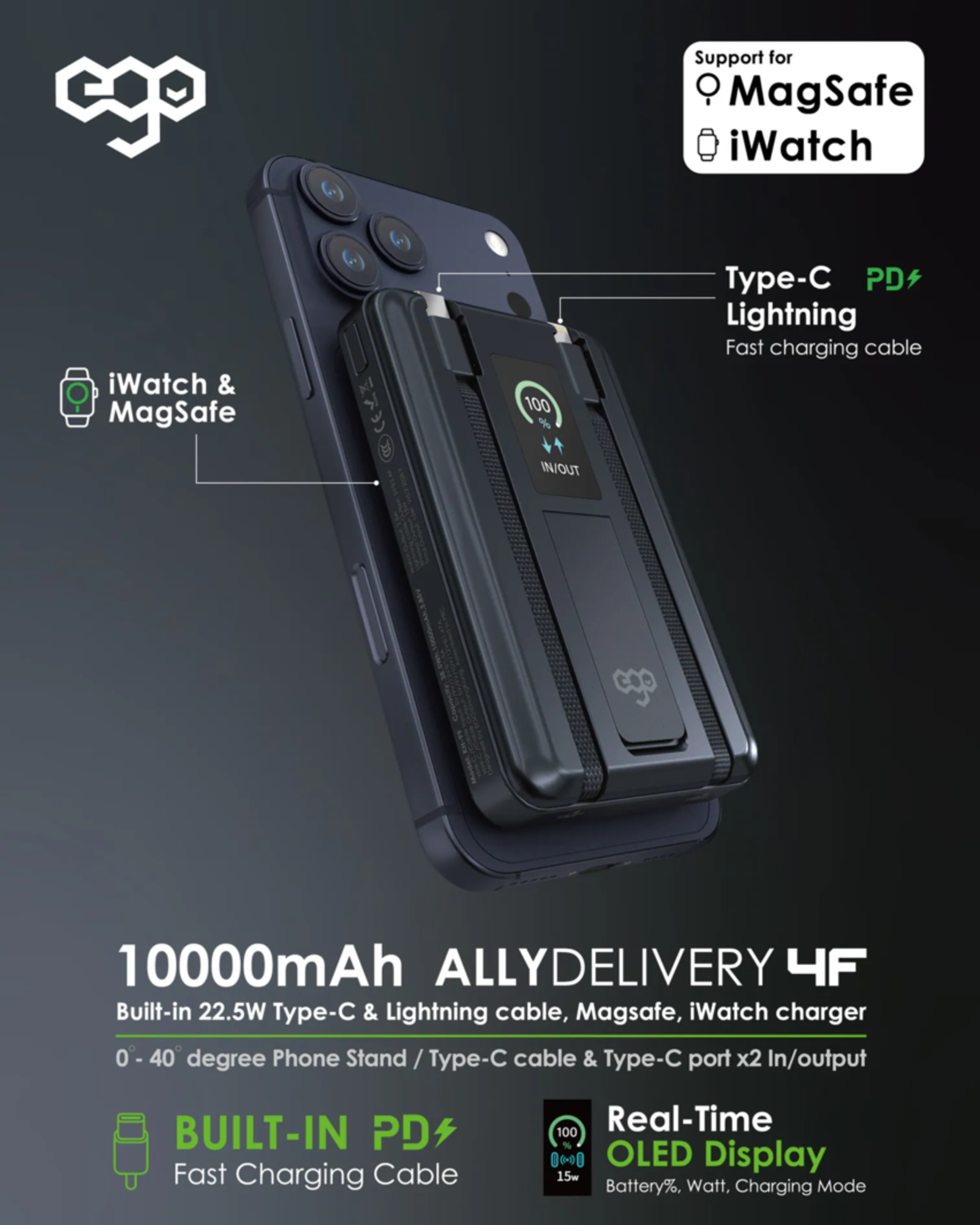 EGO AllyDelivery 4F 內置雙線及 MagSafe 10000mAh 6合1 行動電源 黑色 (KH99-BLACK) - 19-info_info18
