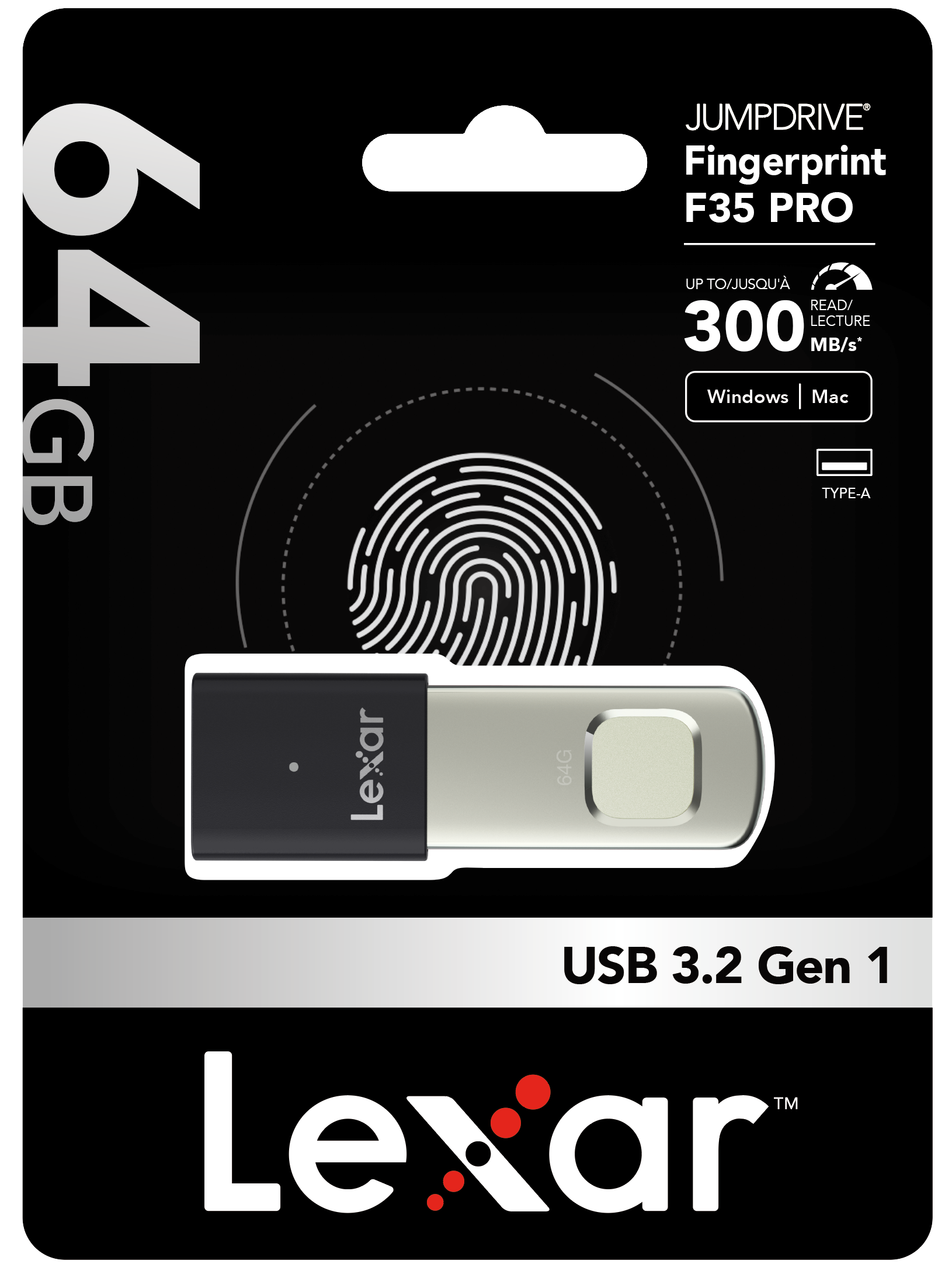 Lexar Jumpdrive F35 Pro 64GB 指紋加密 USB 3.2 手指 (LJDF35P064G-RNBNG)